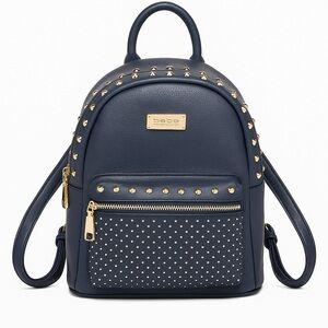 bebe Los Angeles Navy Blue Studded Faux Leather Mini Backpack Gold Studs NWOT